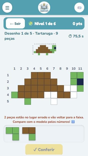 Tela do Quebra-Cabeça de Pixels com o modelo, o tabuleiro e a faixa de peças