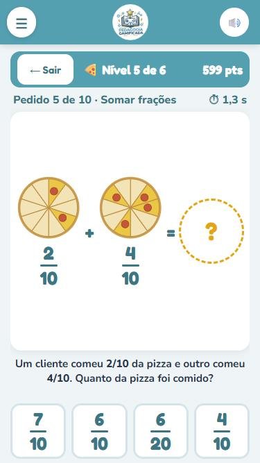 Tela da Pizzaria das Frações com a soma 2/10 + 4/10 e quatro alternativas
