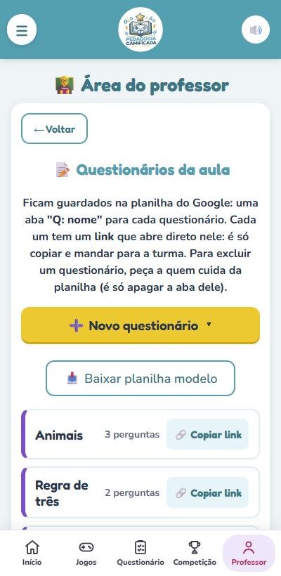 Lista de questionários com o botão Copiar link